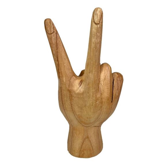 Carved Wooden Peace Sign Hand Gesture Statue Natural Finish 7.75 Inches High - Picture 9 of 10